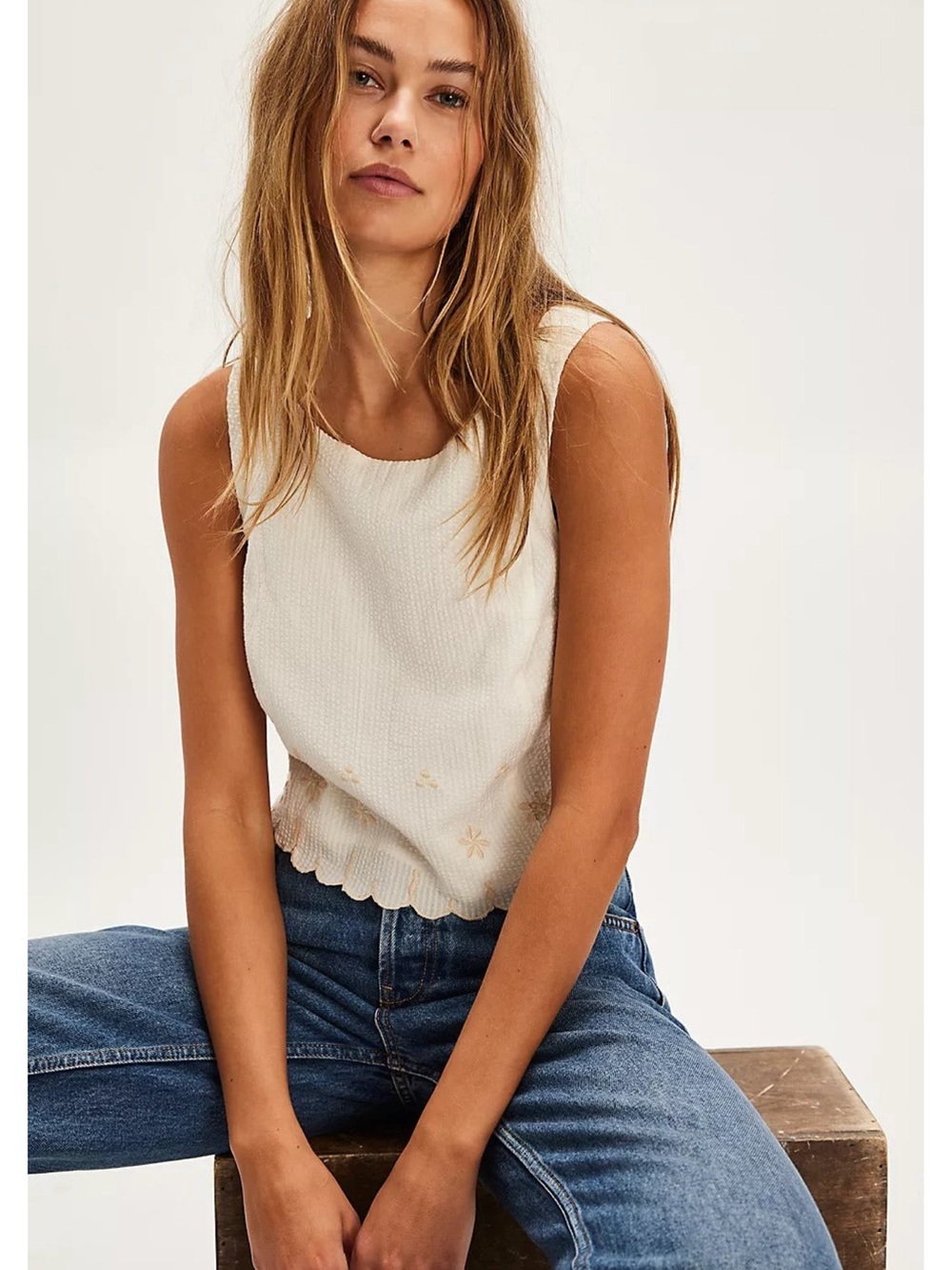 Free People Kayla Embroidered Floral Crop Top Blouse Size L NWOT